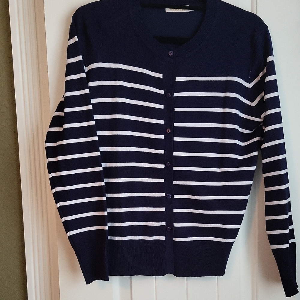 Navy and White Striped Cardigan